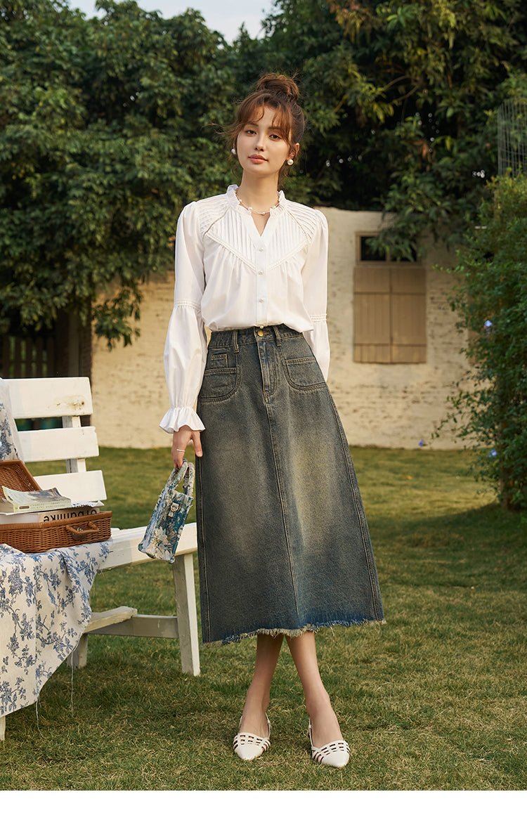 Rok Denim Panjang Pinggang Tinggi untuk Wanita