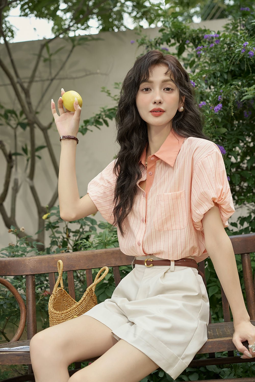 여성을 위한 캐주얼 핑크 스트라이프 블라우스