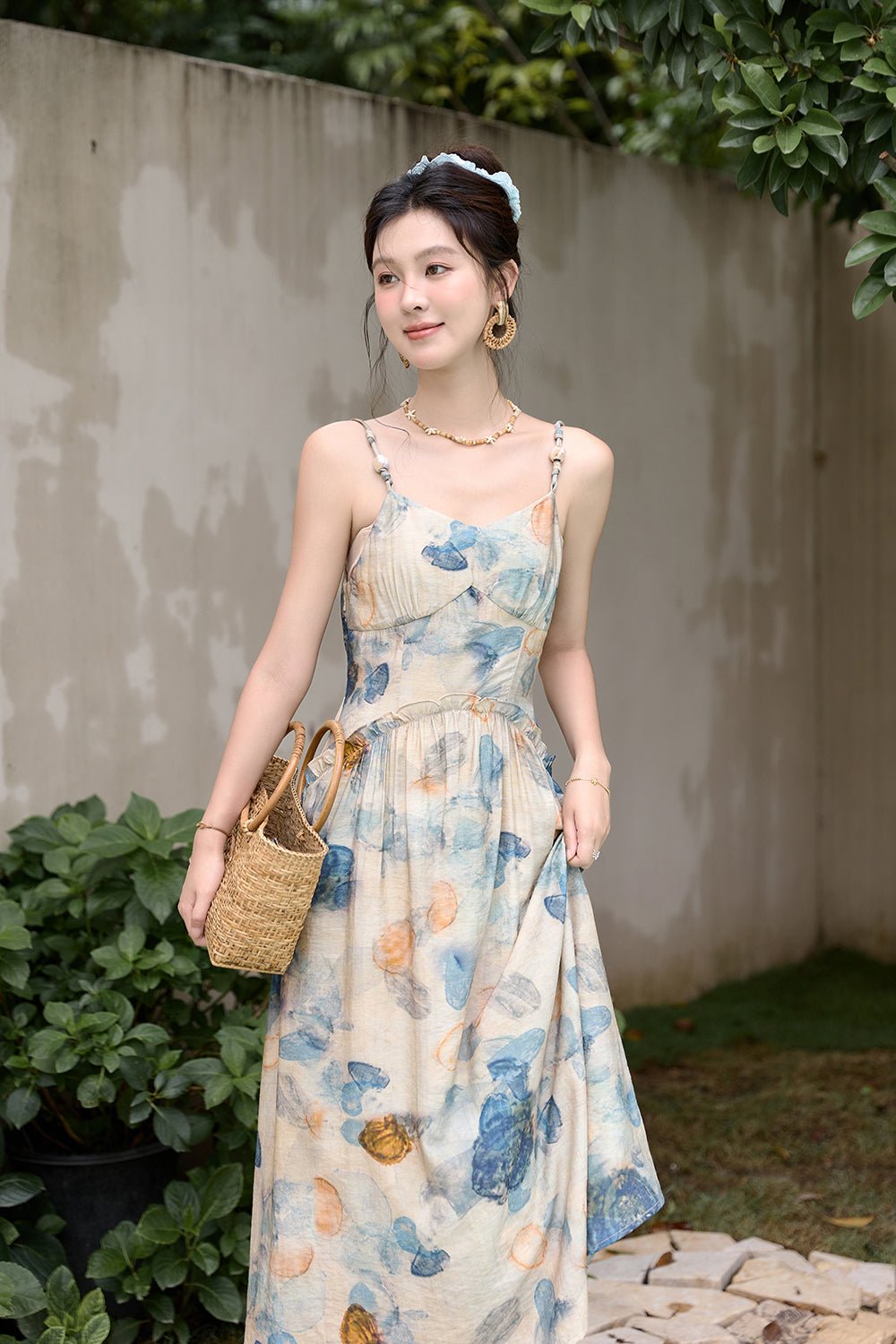 Gaun Tali Maxi Spaghetti Bunga Wanita