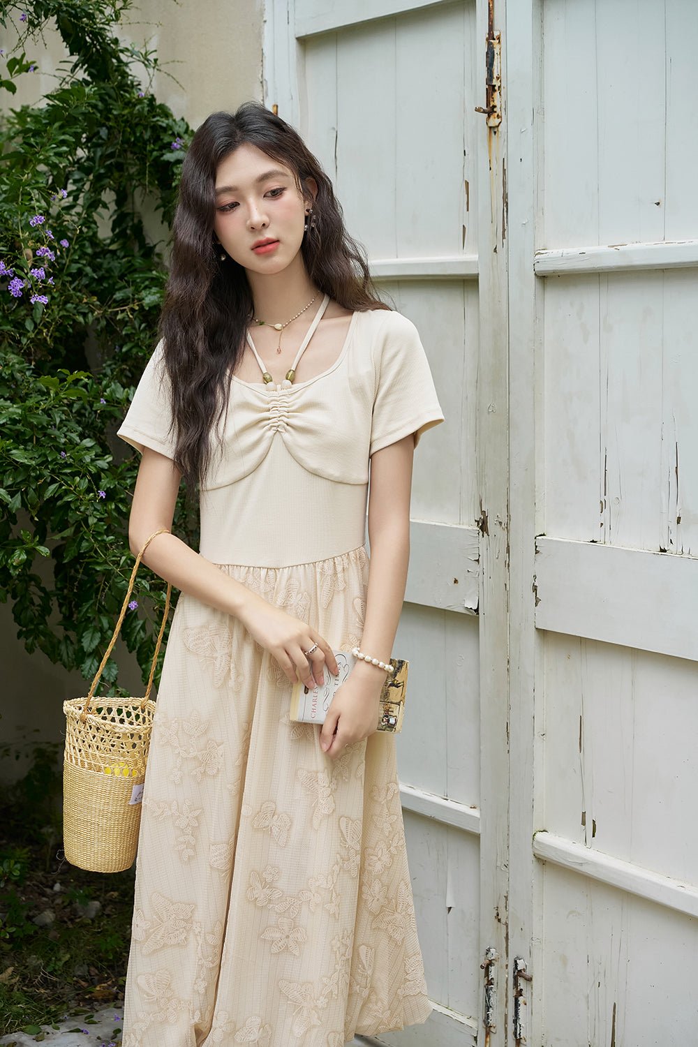 Gaun Midi Leher Halter Cetak Katun Wanita