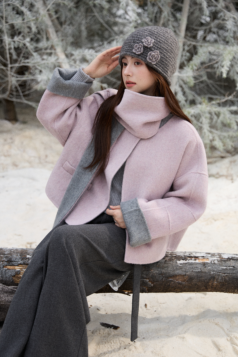 เสื้อโค้ทขนสัตว์+ผ้าพันคอสำหรับผู้หญิง