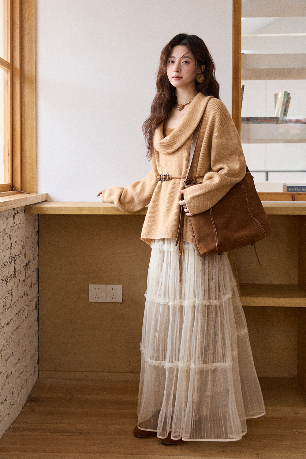 여성용 니트 셔츠+캐미솔+벨트