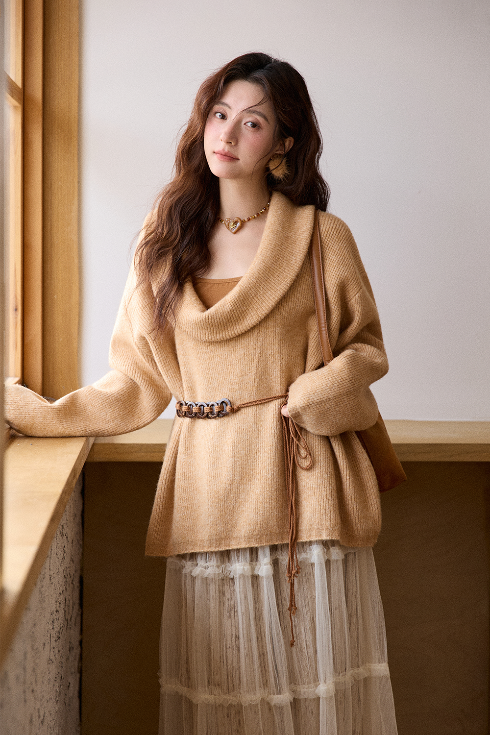 여성용 니트 셔츠+캐미솔+벨트