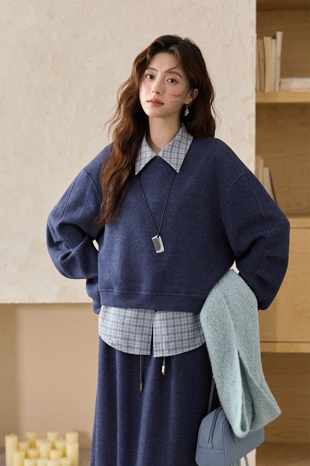 스웨트셔츠+셔츠+스커트 세트