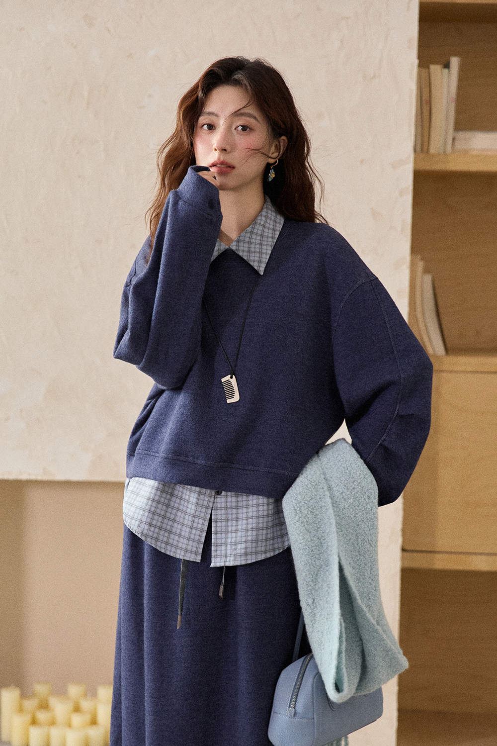 스웨트셔츠+셔츠+스커트 세트