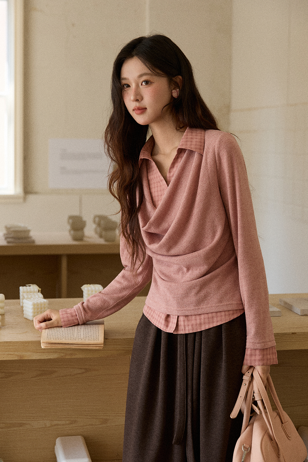 여성용 가짜 투피스 니트 셔츠