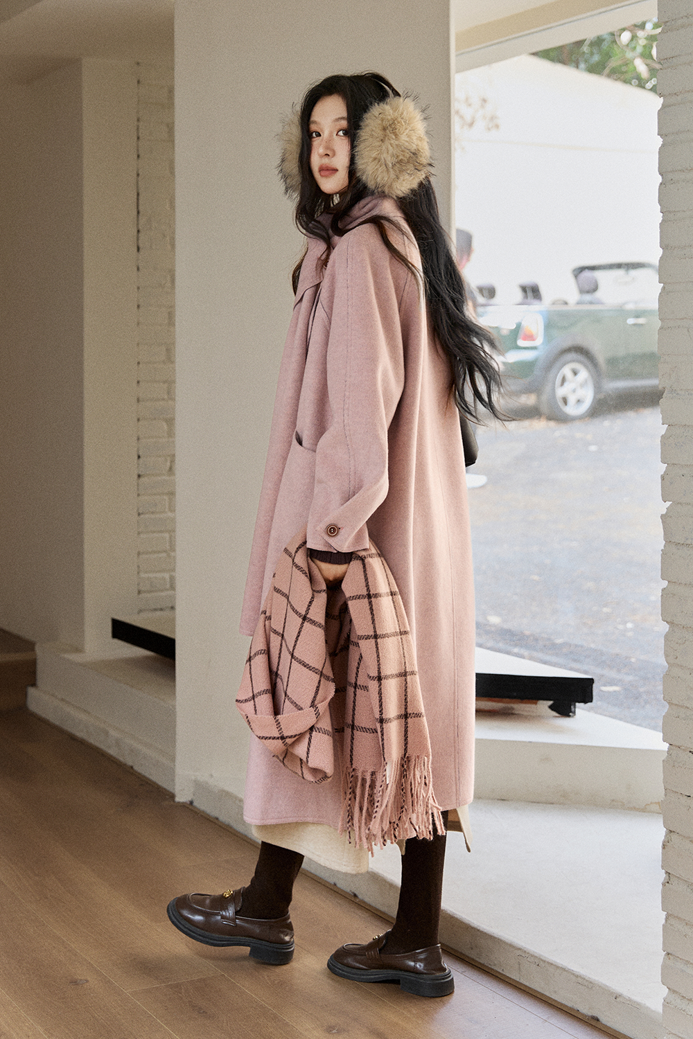 เสื้อโค้ทขนสัตว์+ผ้าพันคอสำหรับผู้หญิง