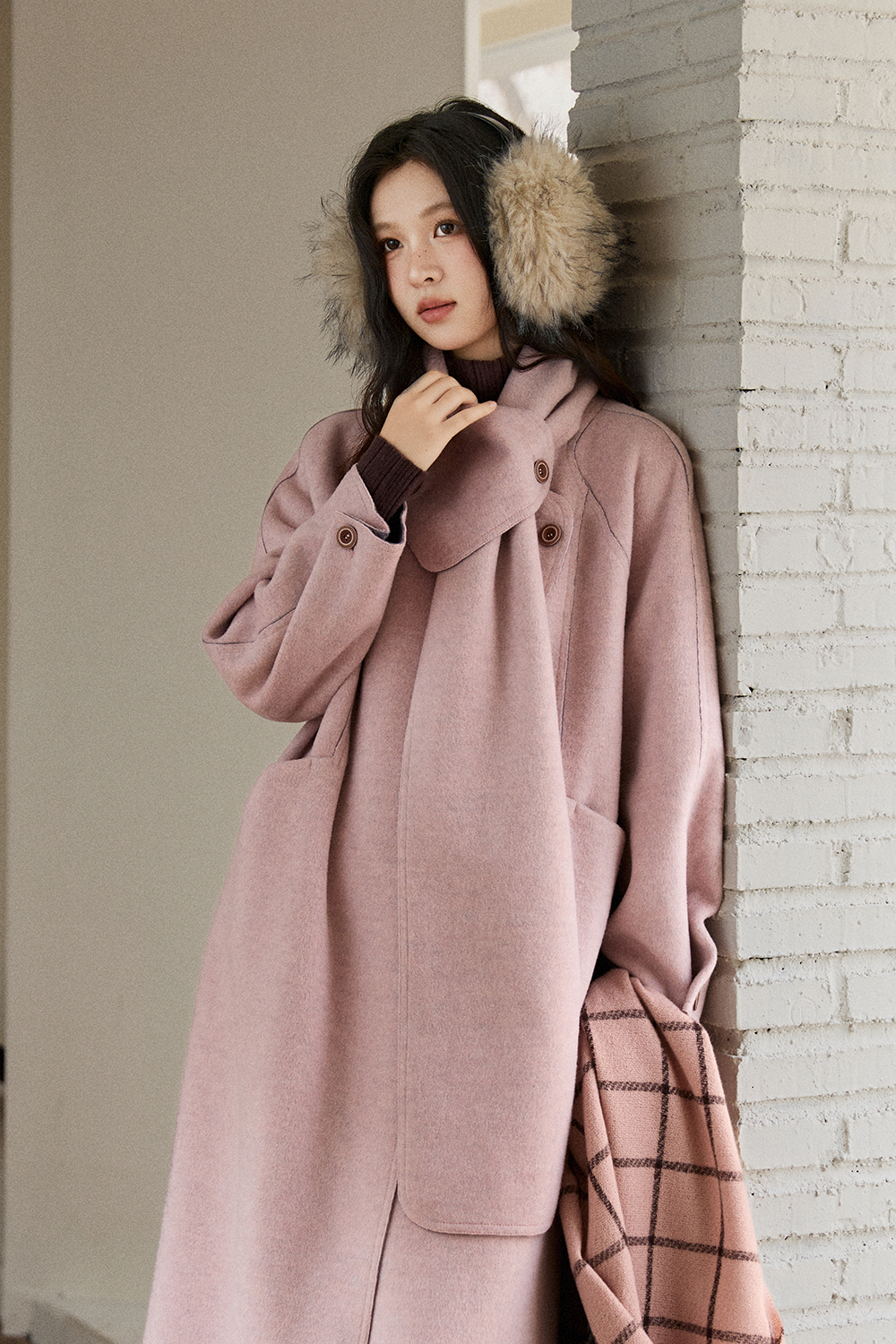 เสื้อโค้ทขนสัตว์+ผ้าพันคอสำหรับผู้หญิง