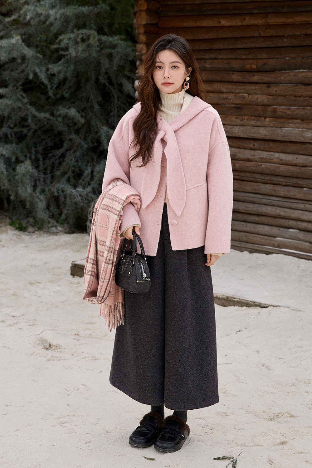 เสื้อโค้ทขนสัตว์+หมวกสำหรับผู้หญิง