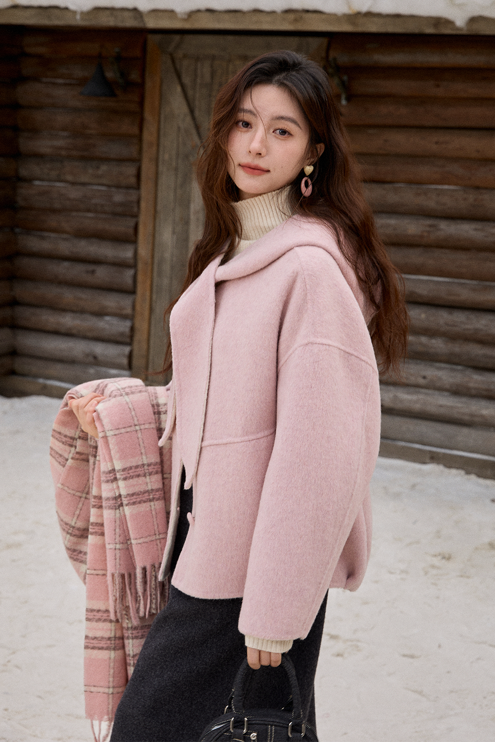 เสื้อโค้ทขนสัตว์+หมวกสำหรับผู้หญิง