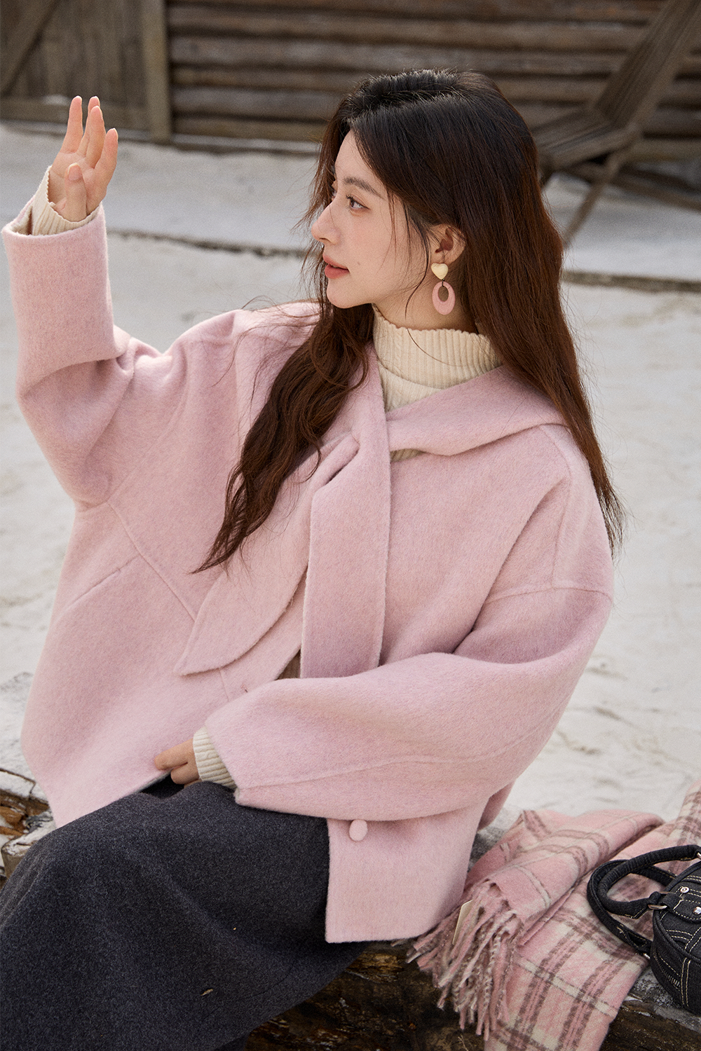 เสื้อโค้ทขนสัตว์+หมวกสำหรับผู้หญิง