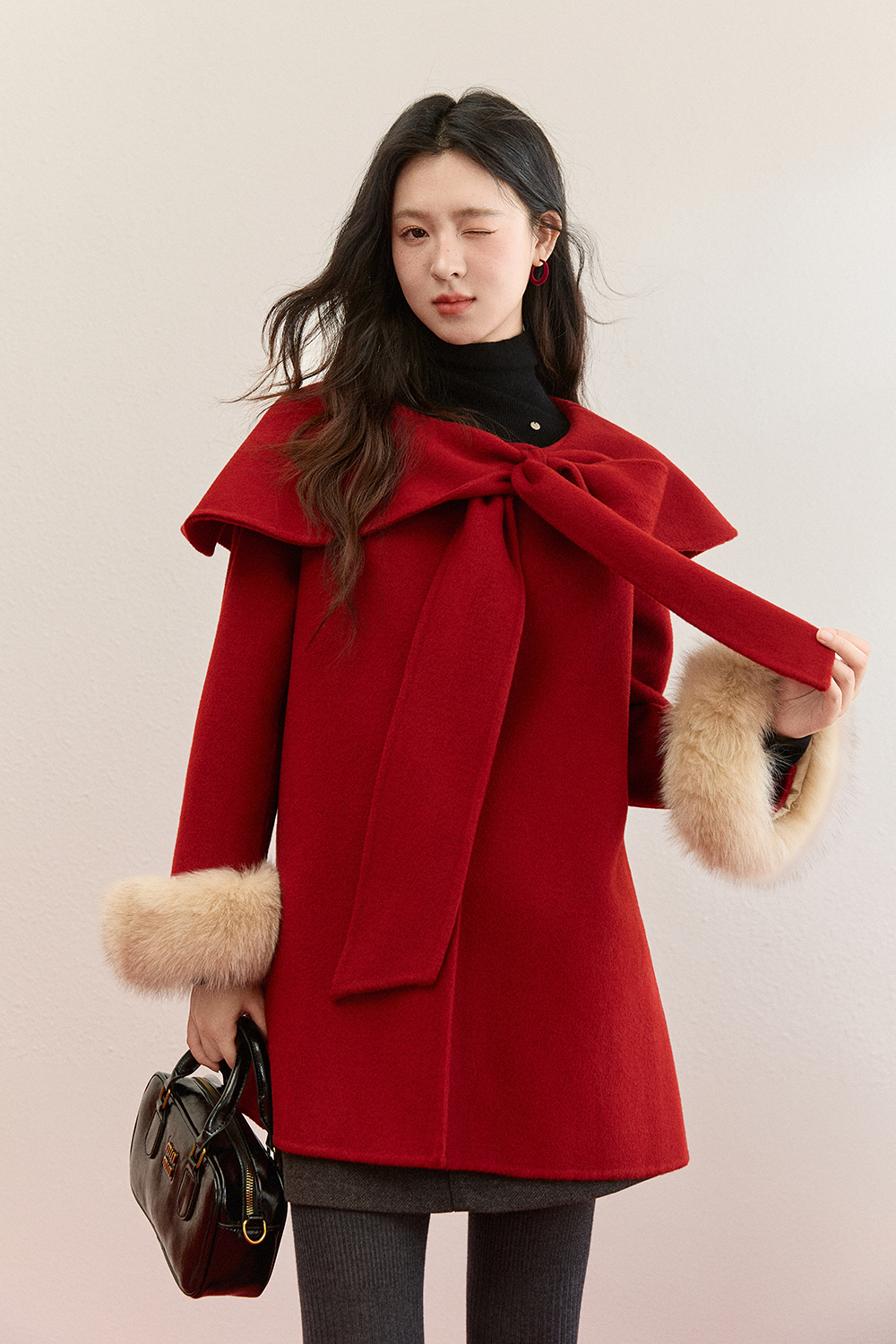 Woolen Coat+Furry Sleeve Cuffs