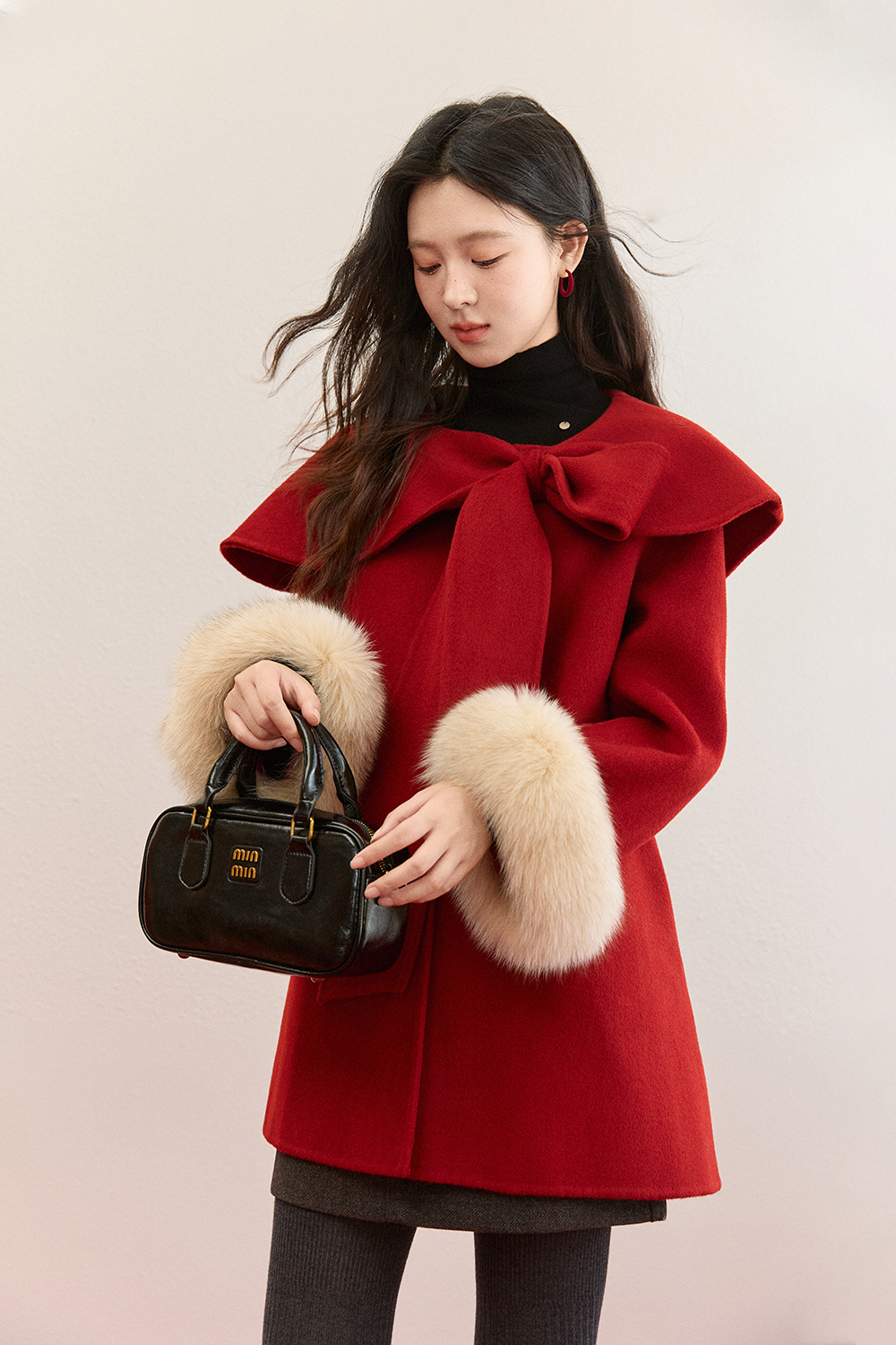 Woolen Coat+Furry Sleeve Cuffs