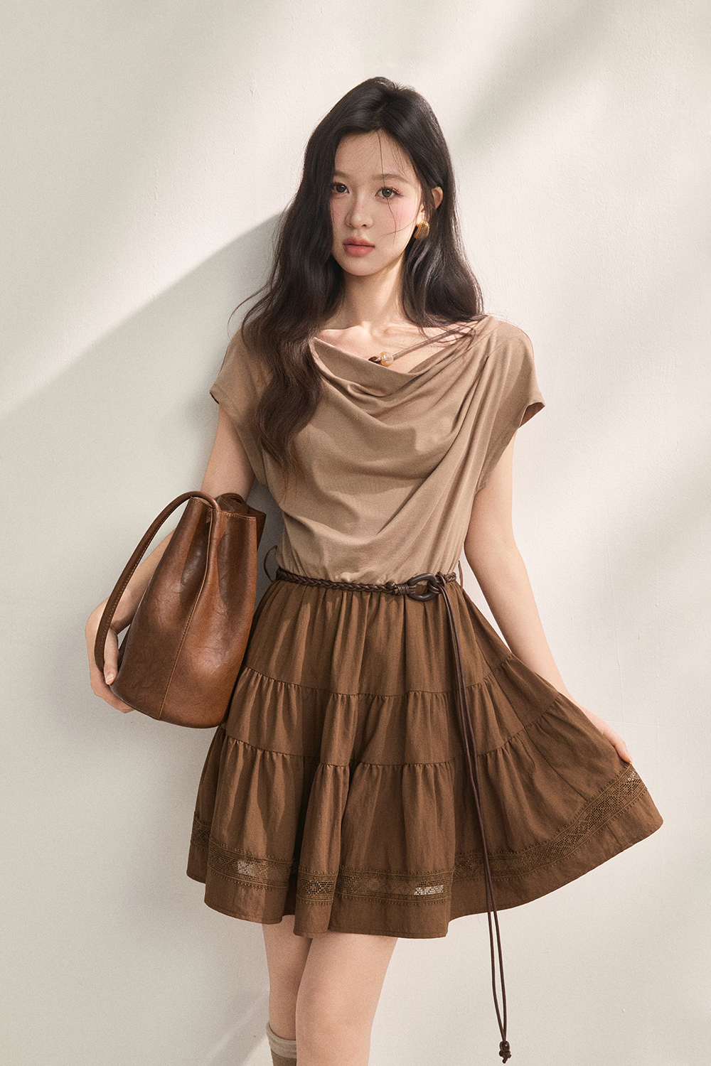 여성용 A라인 미디 드레스 + 벨트