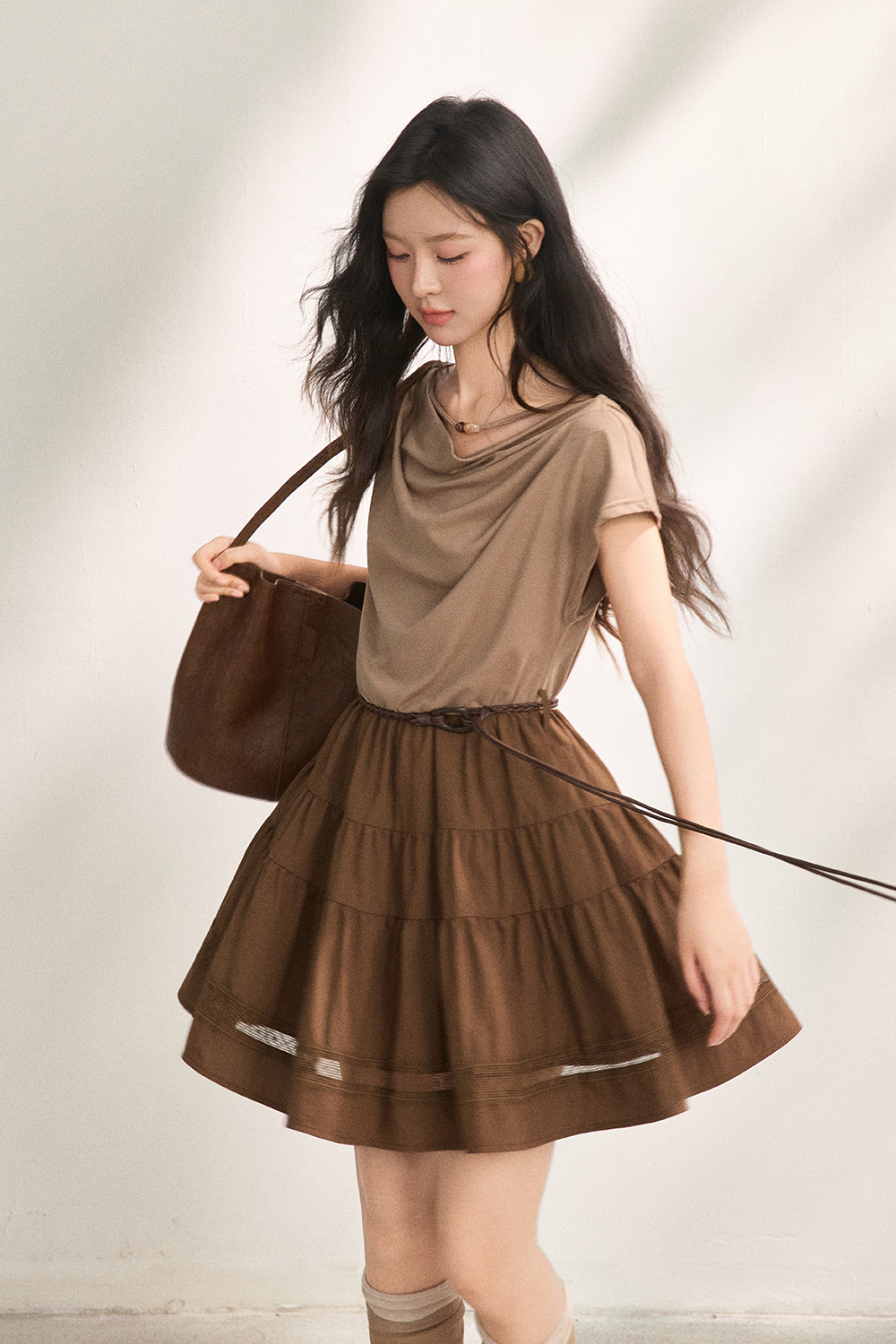 여성용 A라인 미디 드레스 + 벨트