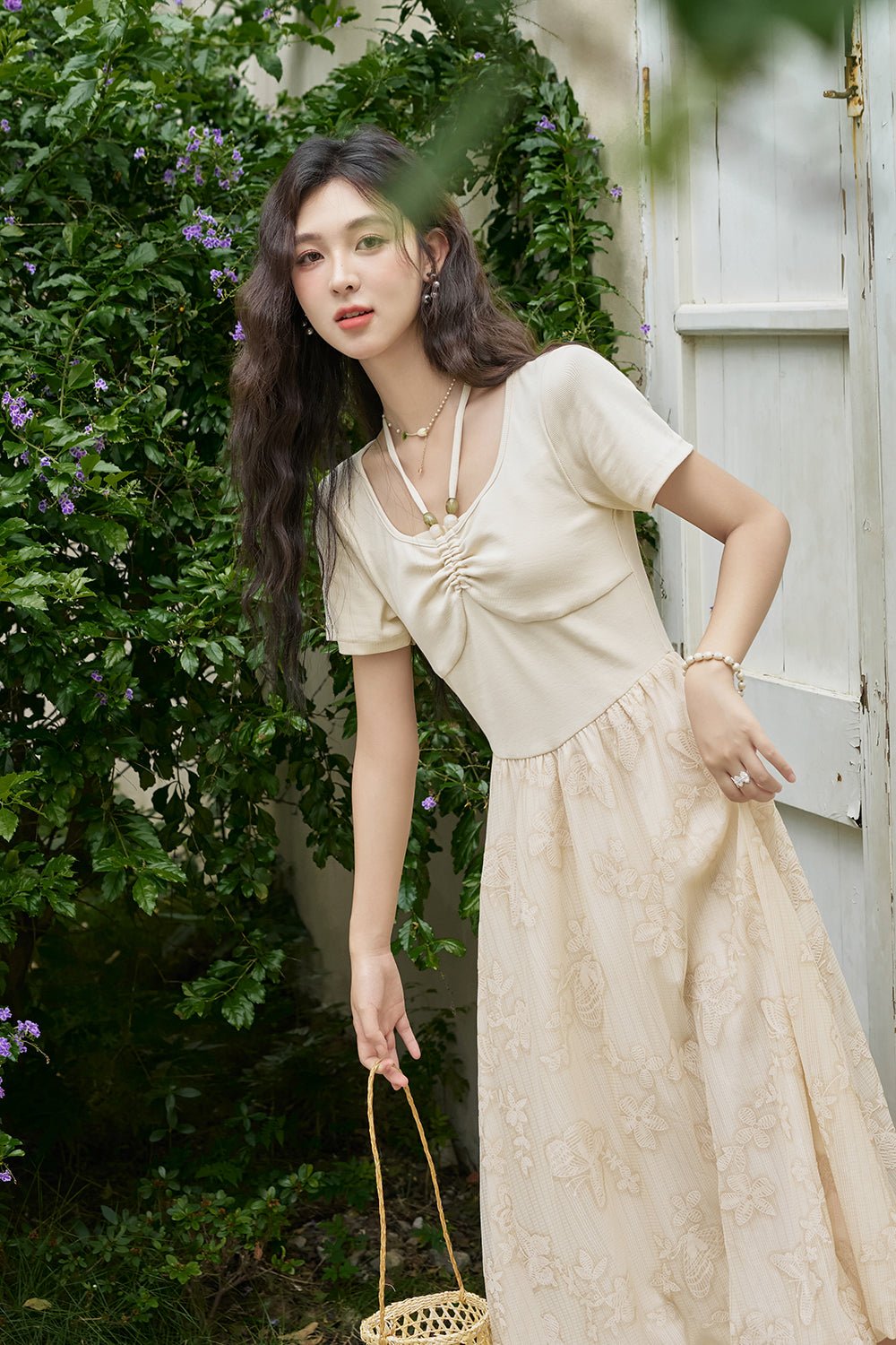 Gaun Midi Leher Halter Cetak Katun Wanita