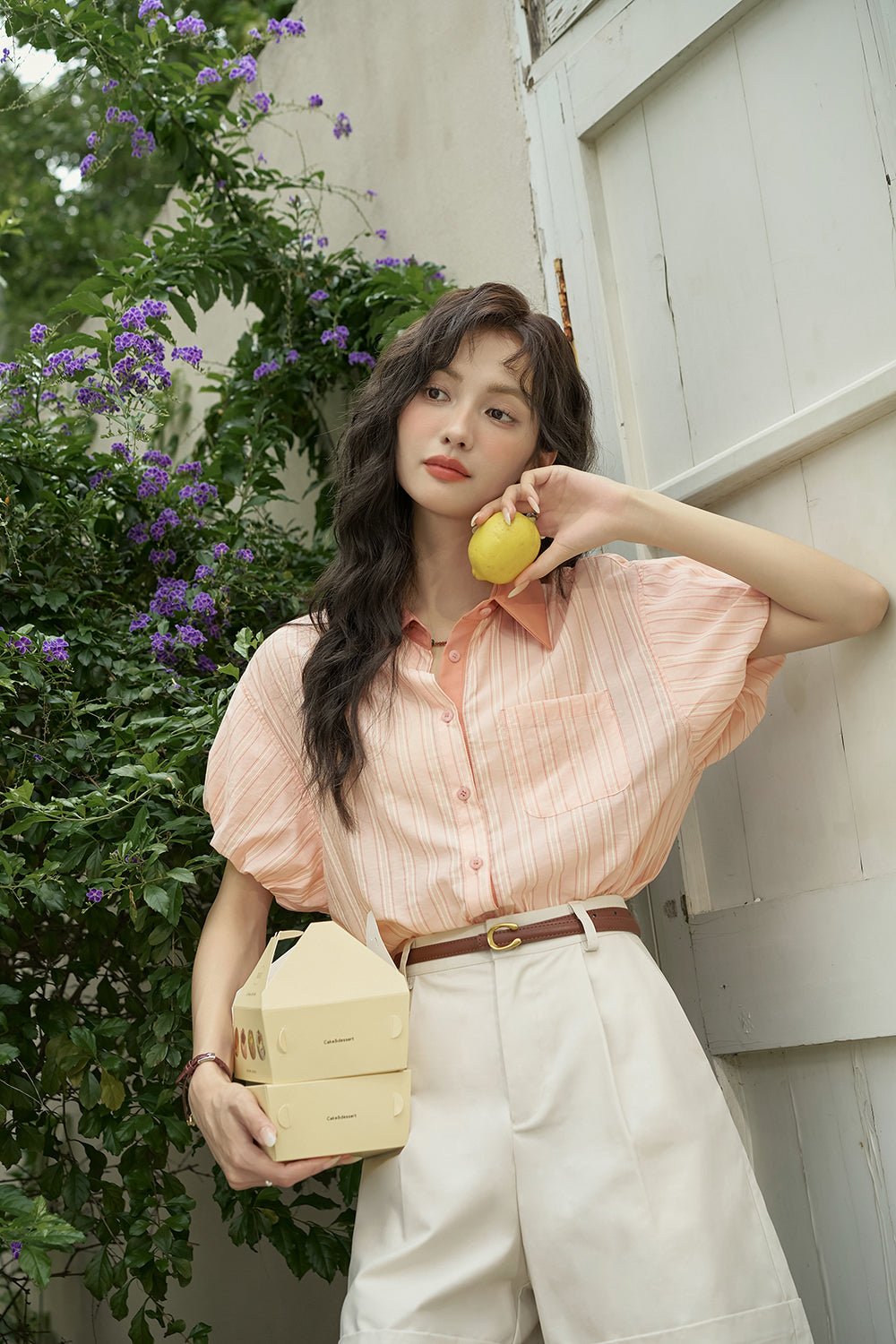여성을 위한 캐주얼 핑크 스트라이프 블라우스