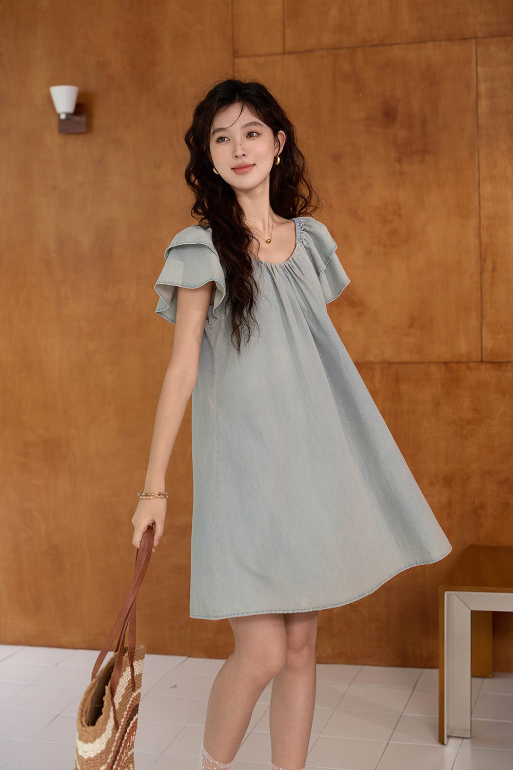 Gaun Midi Solid Lengan Puff untuk Wanita