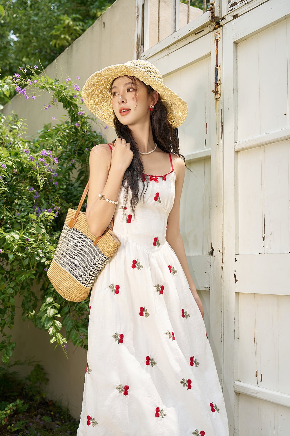 Cherry Embroidery Maxi Spaghetti Strap Dress for Women