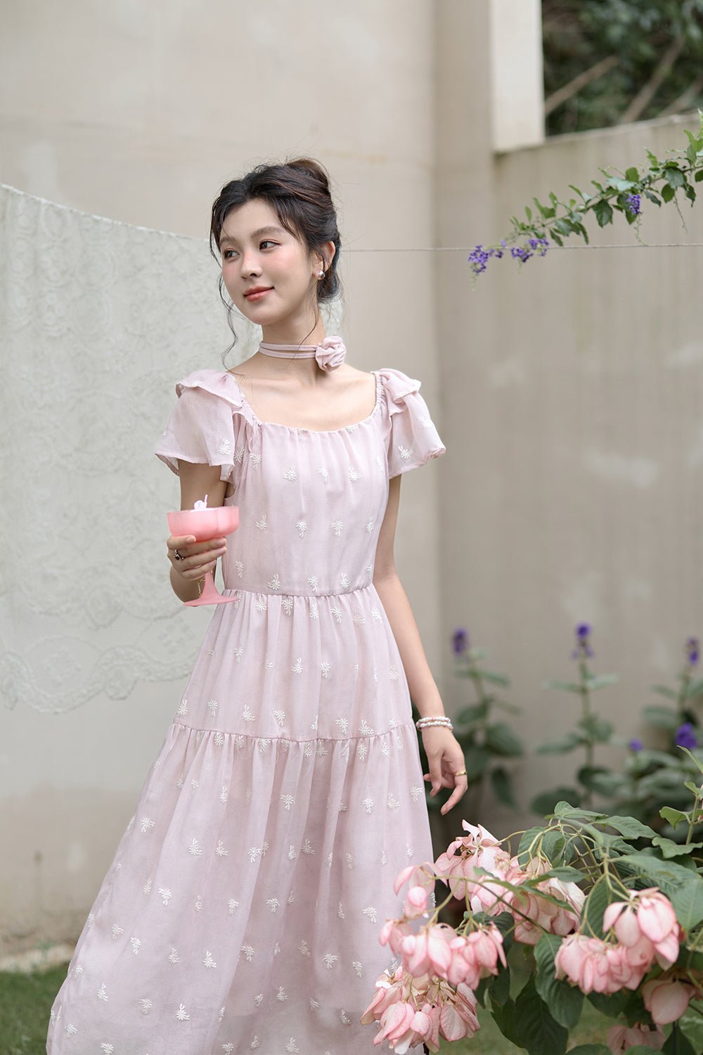 Gaun Maxi Motif Bunga A-line untuk Wanita