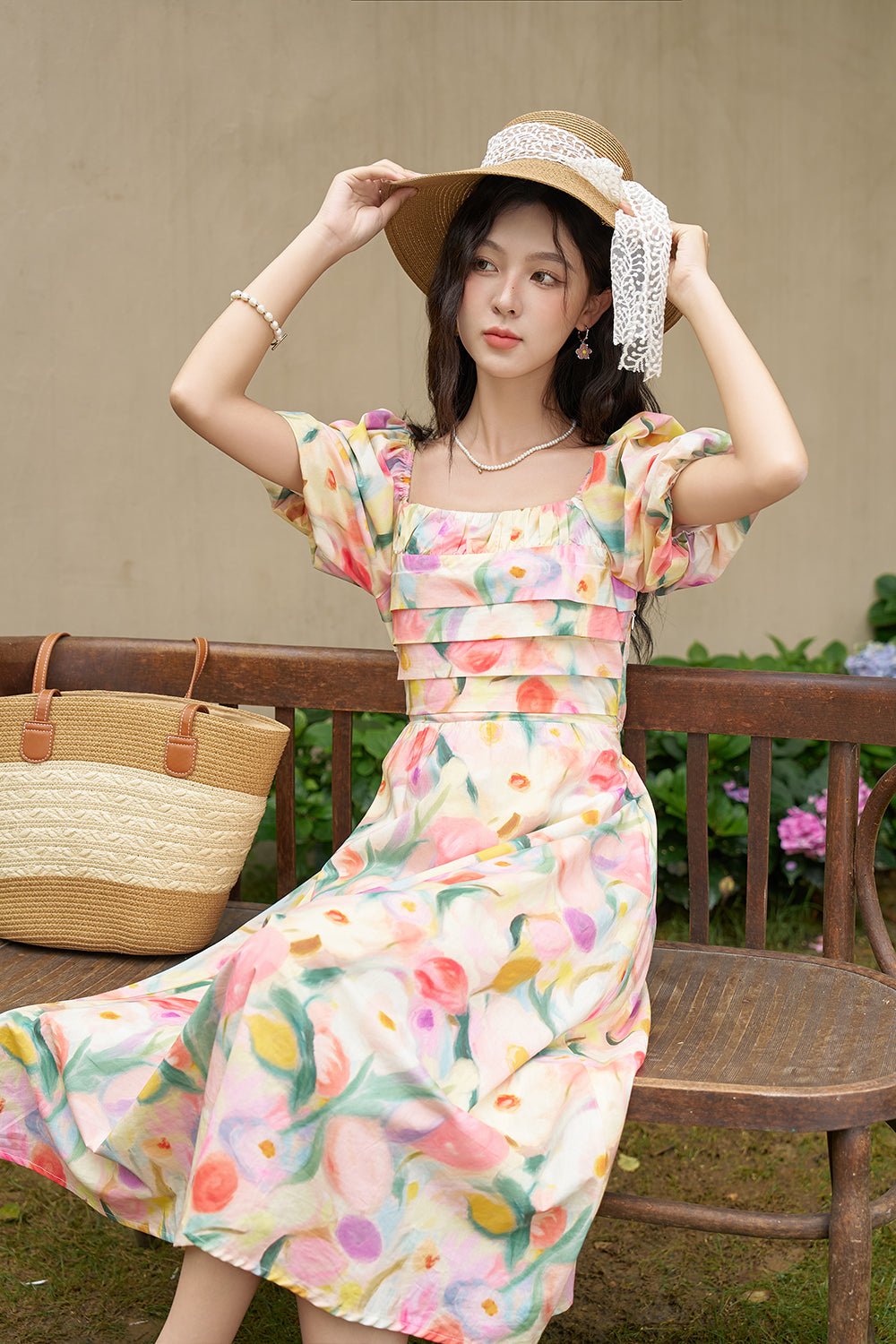 Gaun Midi Bunga Merah Muda Wanita