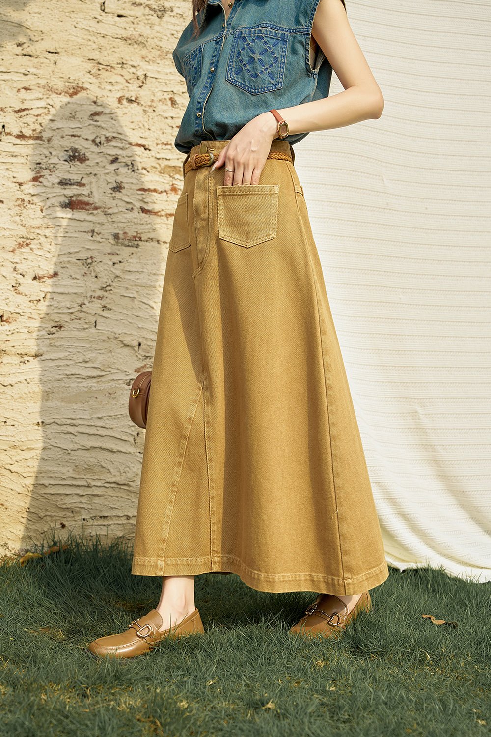 Rok Denim Pinggang Tinggi Wanita