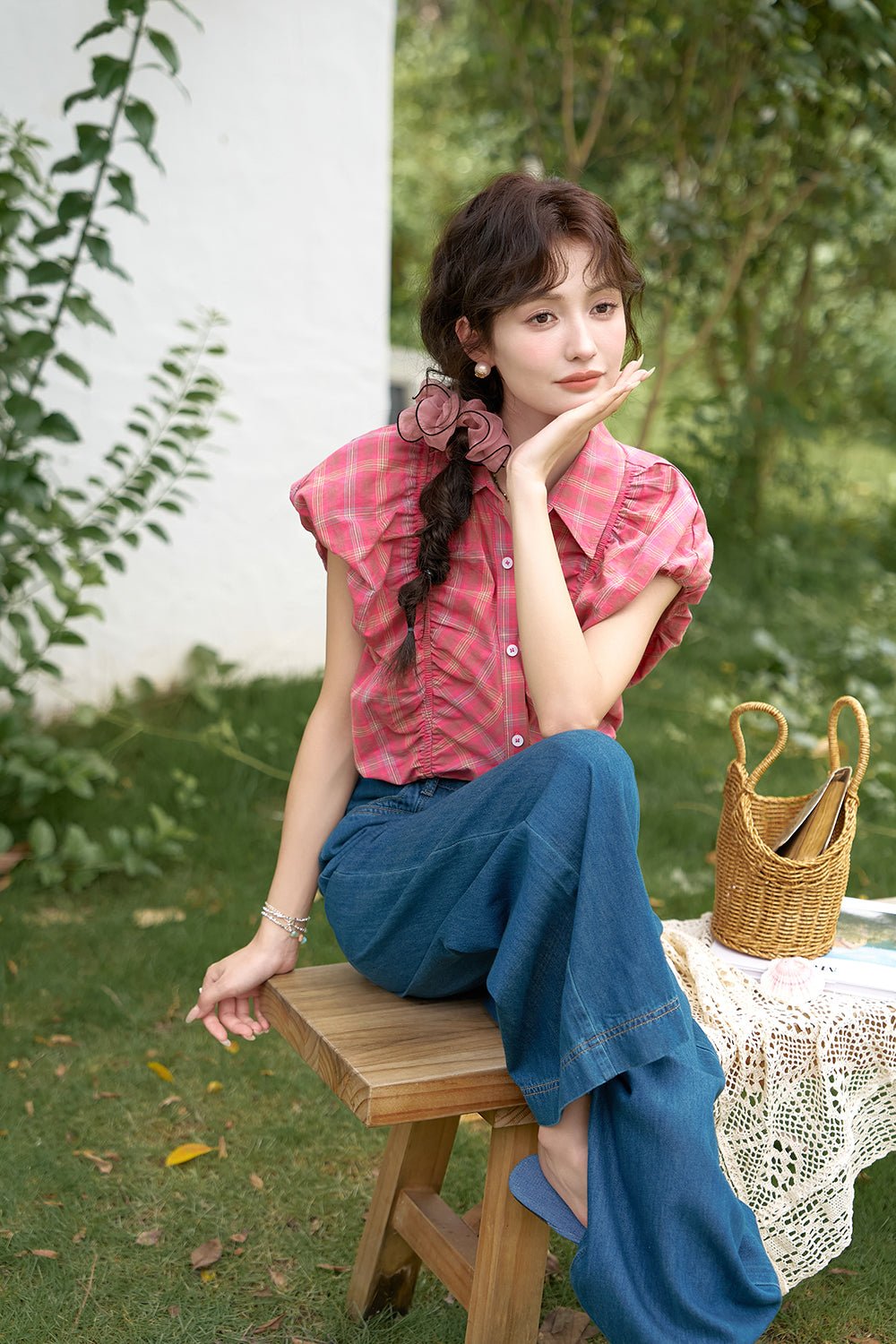 Blus Lengan Puff Kotak-kotak untuk Wanita