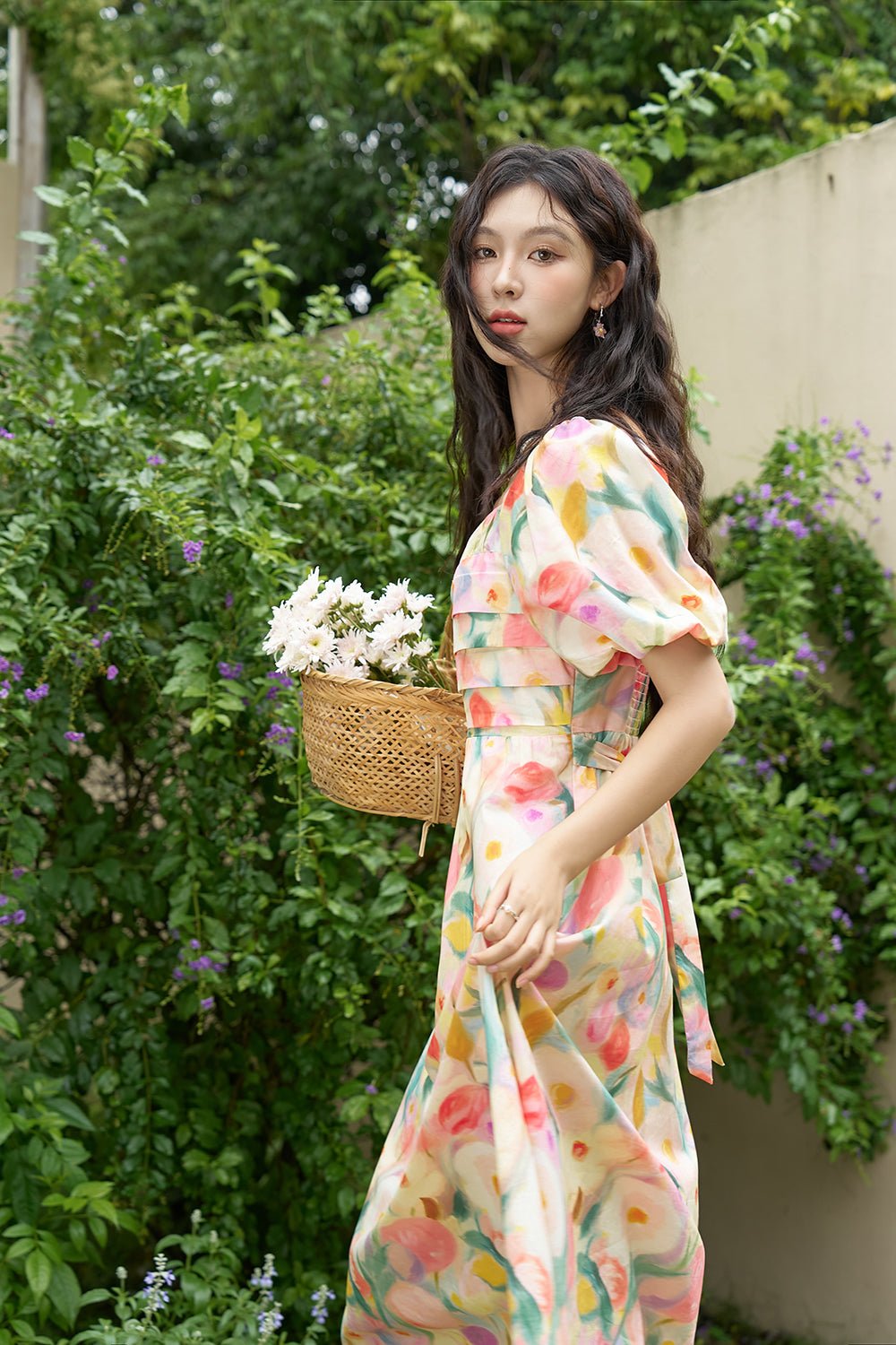 Gaun Midi Bunga Merah Muda Wanita