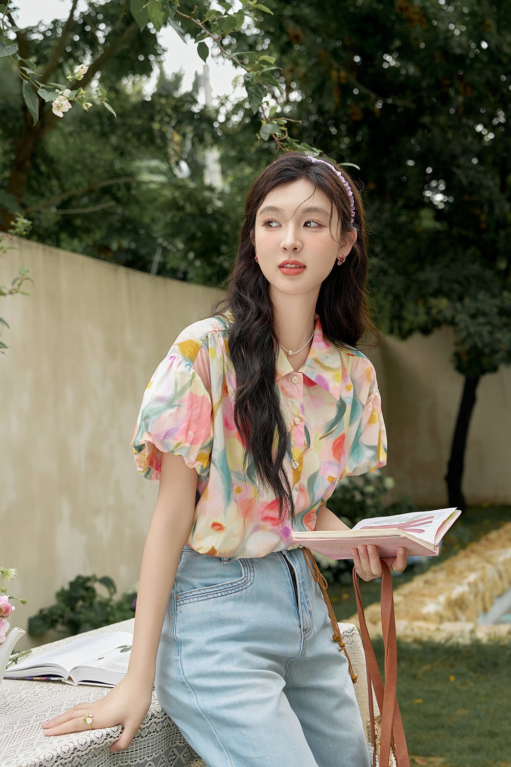 100% Kemeja Bunga Katun untuk Wanita