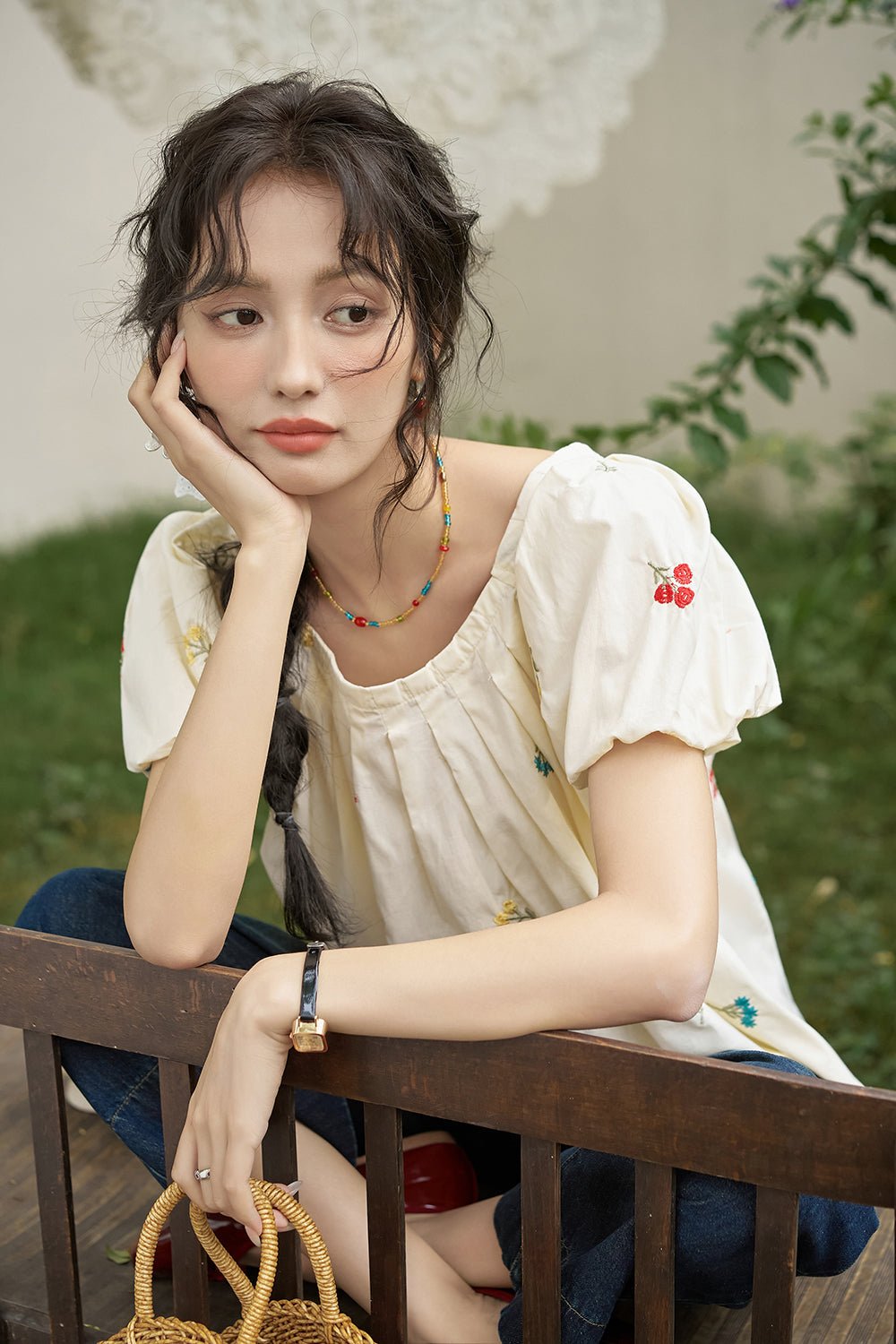 여성용 O넥 퍼프 슬리브 블라우스