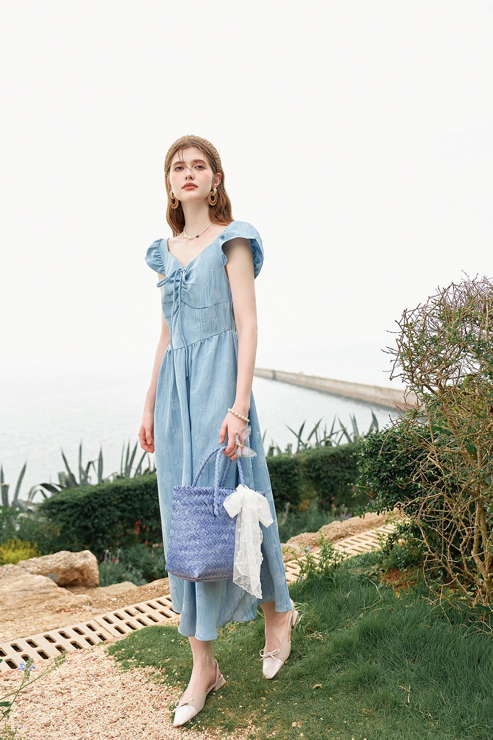 Gaun Lengan Pendek A-Line Biru Wanita