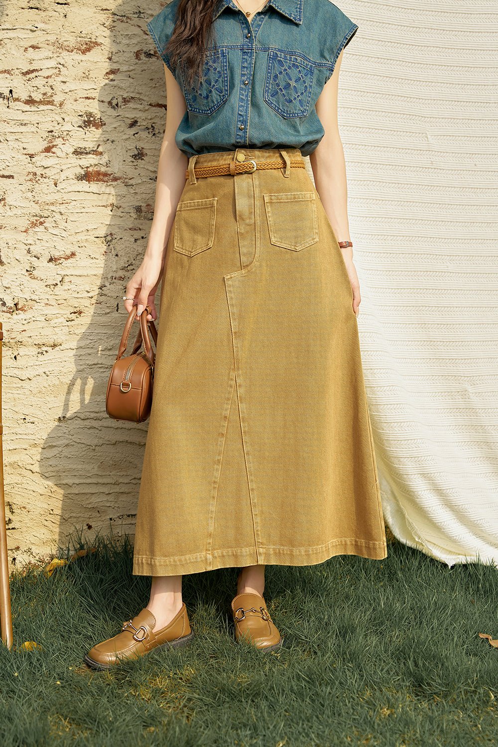 Rok Denim Pinggang Tinggi Wanita