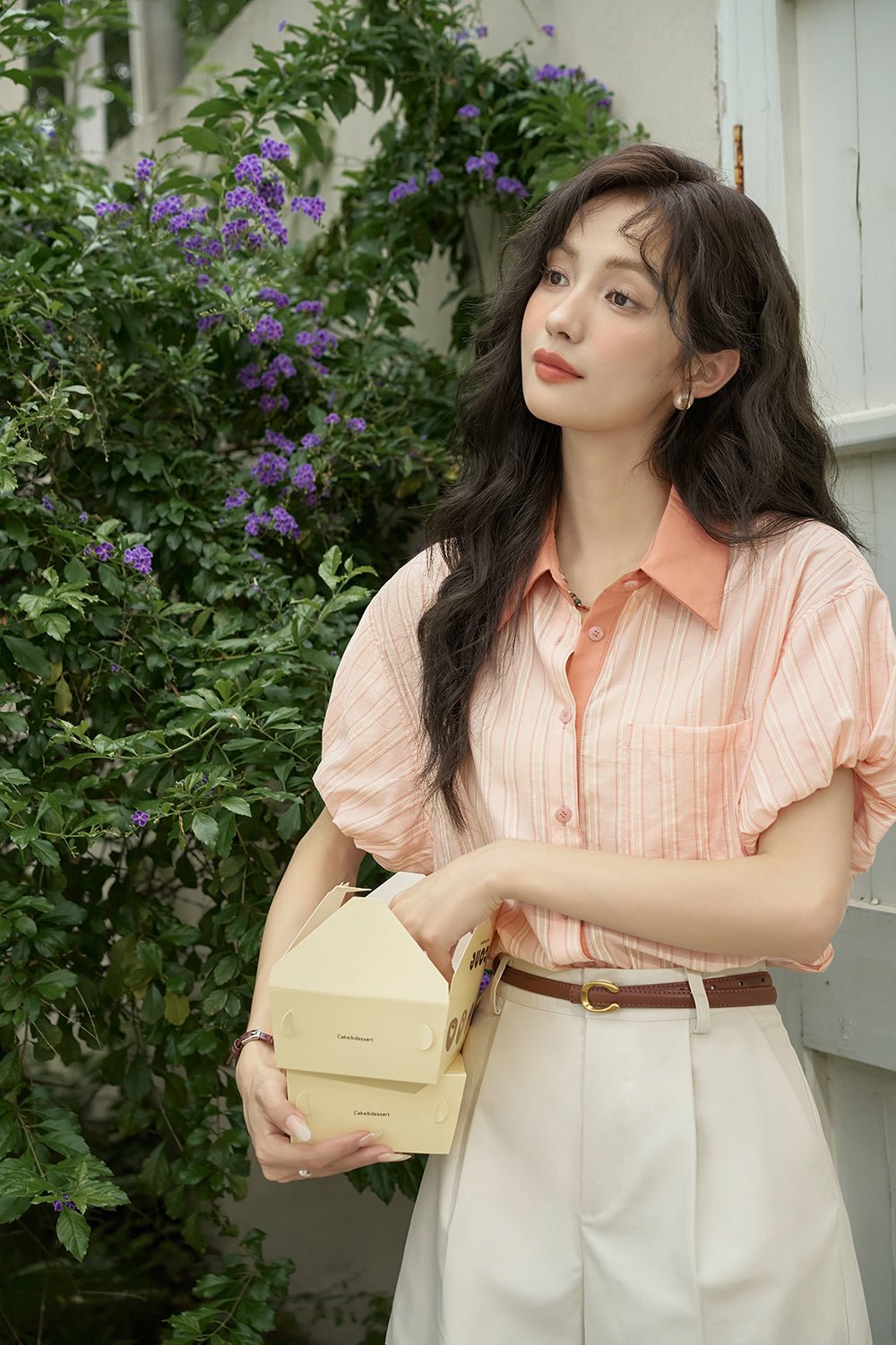 여성을 위한 캐주얼 핑크 스트라이프 블라우스