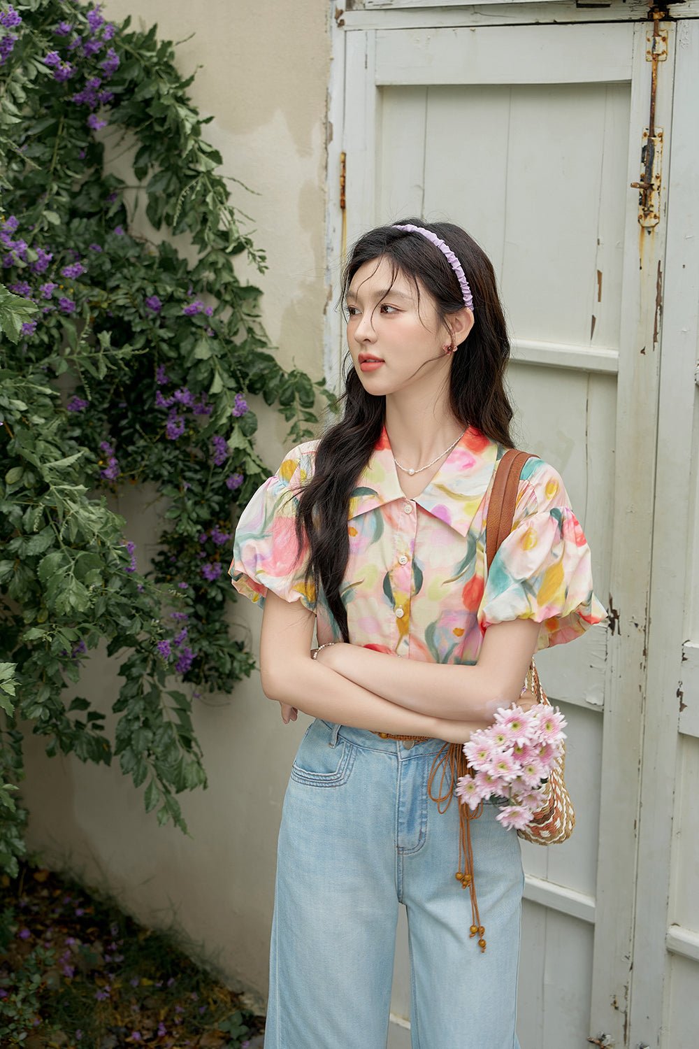 100% Kemeja Bunga Katun untuk Wanita