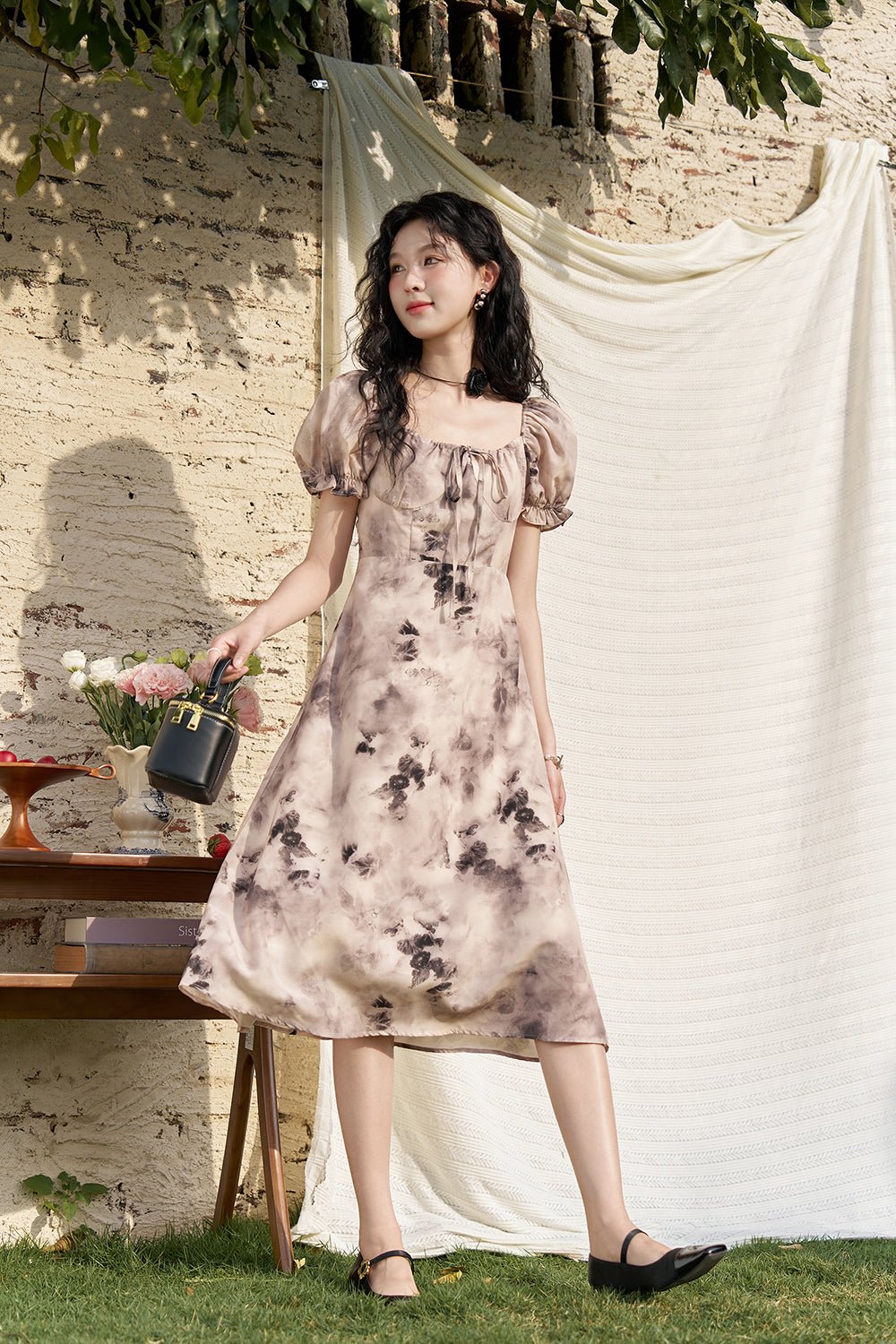 Black Floral Midi Dress for Women - Mishow