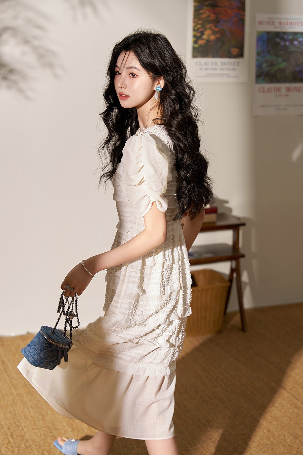 Gaun Maxi Lengan Puff Padat untuk Wanita