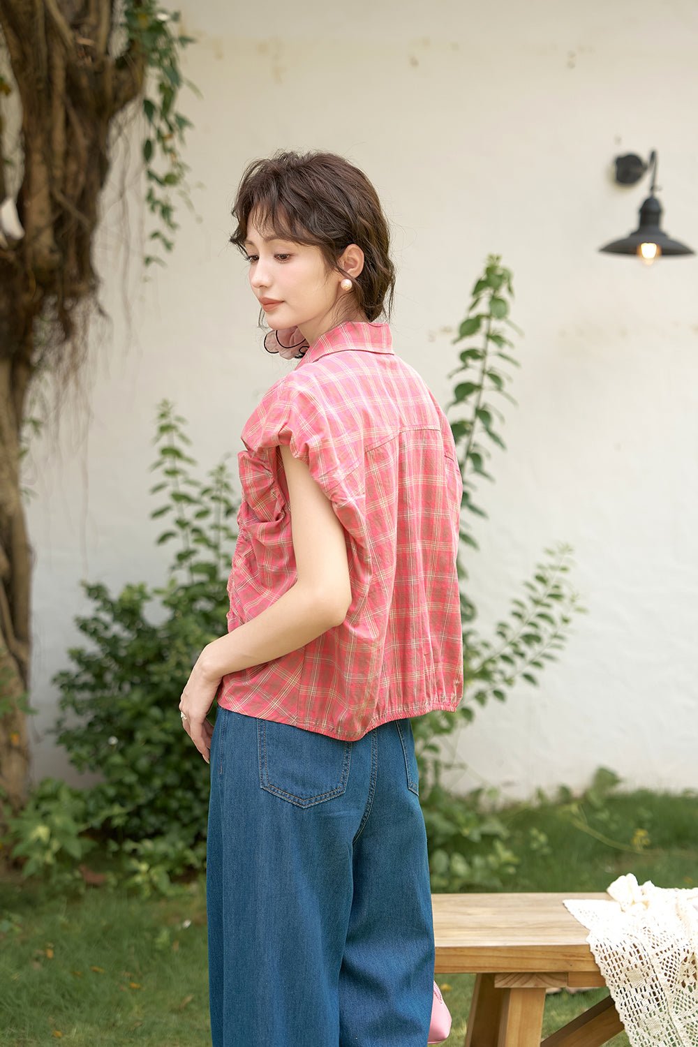 Blus Lengan Puff Kotak-kotak untuk Wanita