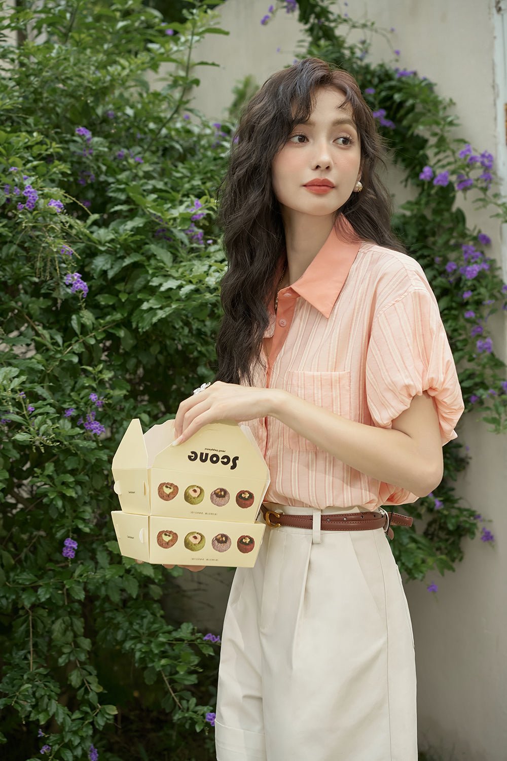 여성을 위한 캐주얼 핑크 스트라이프 블라우스