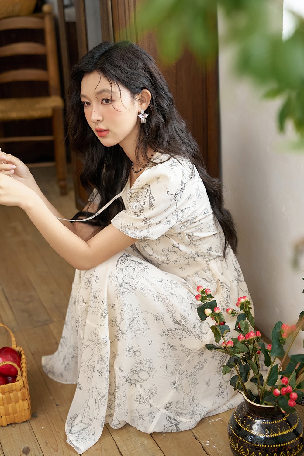 V-neck Floral Maxi Dress untuk Wanita