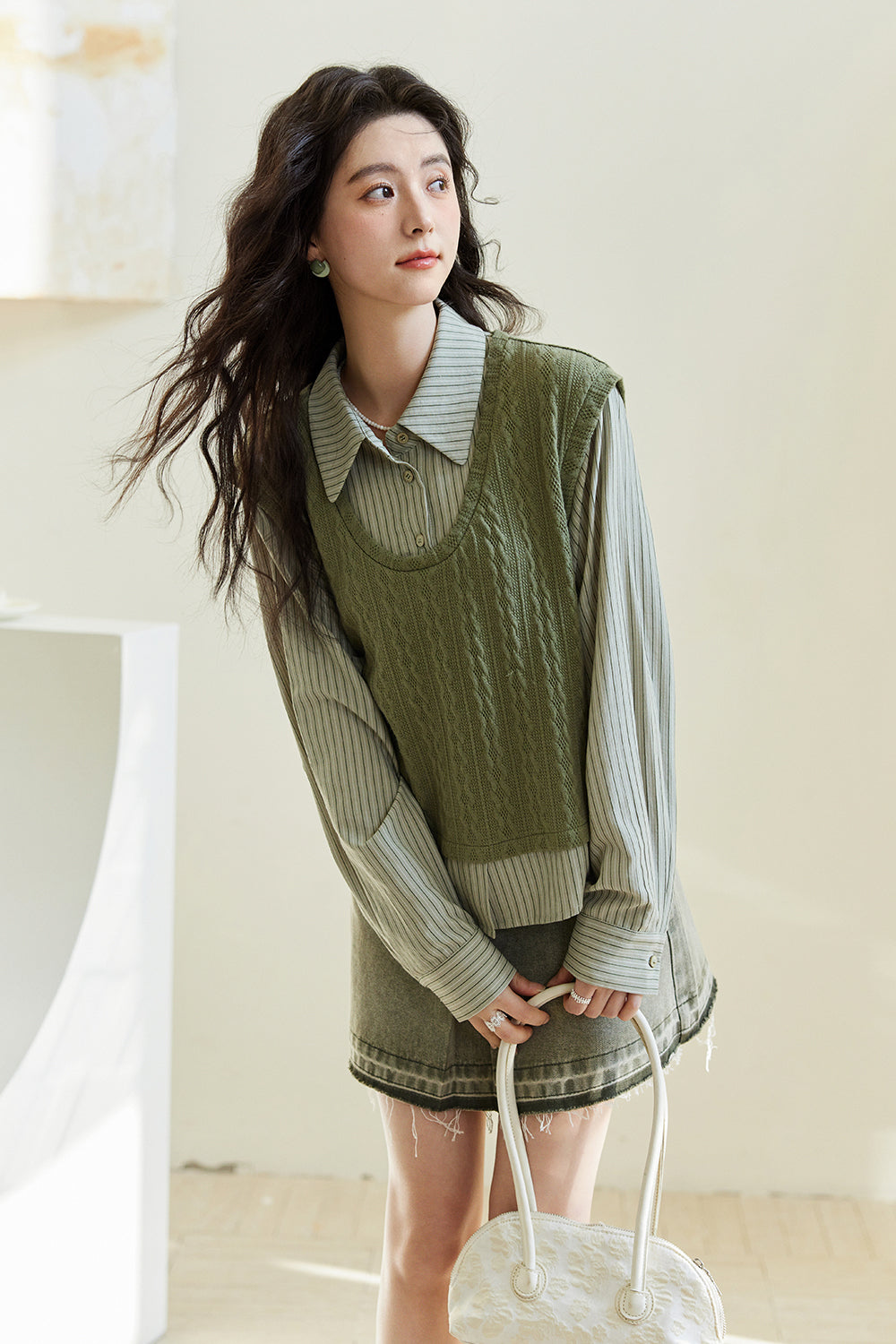 Kemeja Rajutan Dua Potong Palsu untuk Wanita