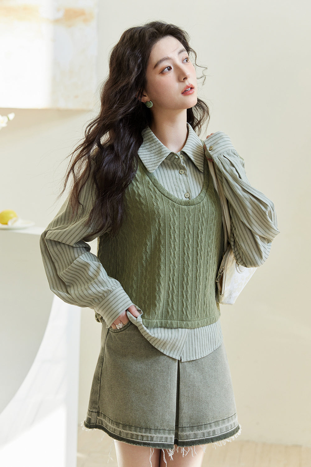 Kemeja Rajutan Dua Potong Palsu untuk Wanita