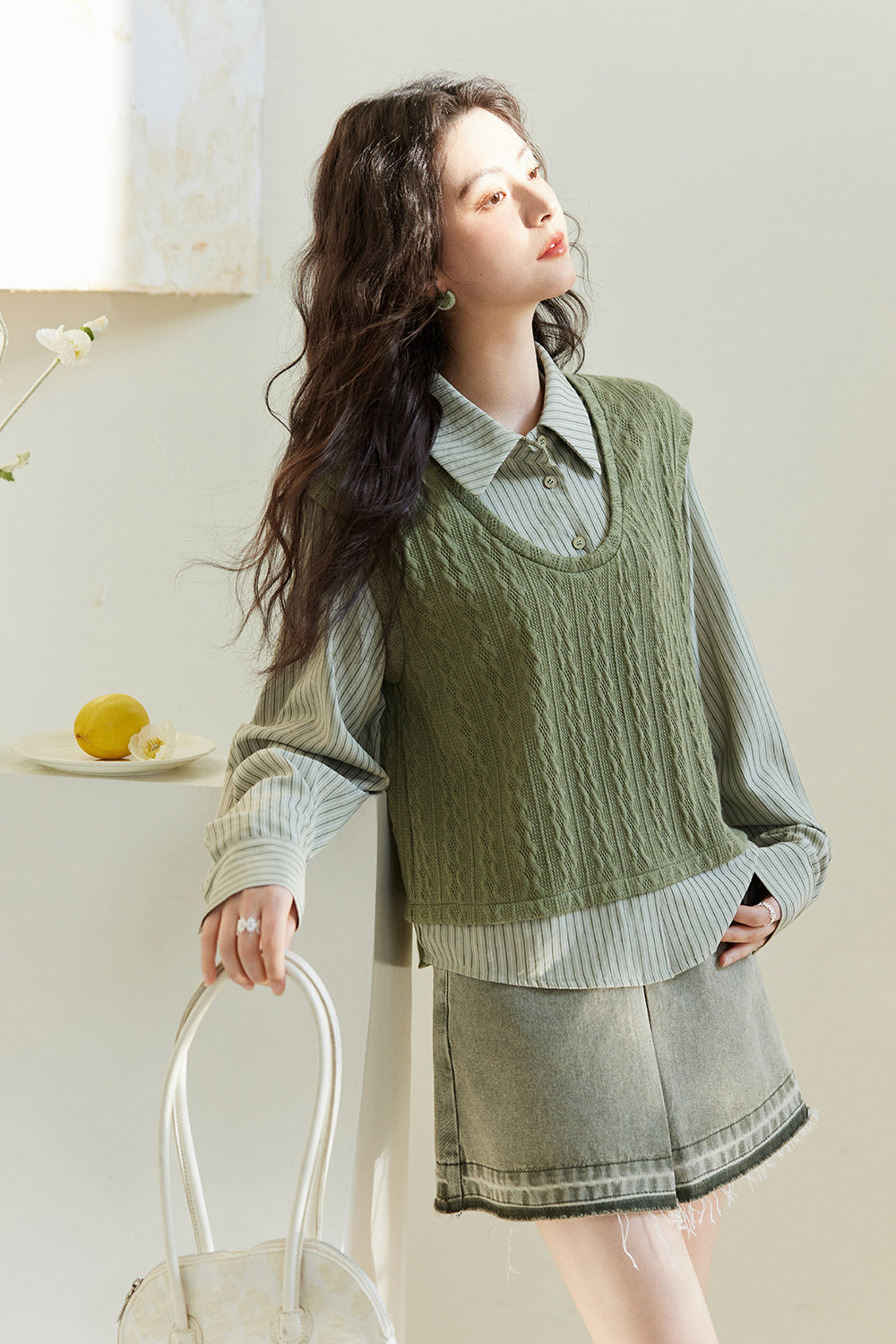 Kemeja Rajutan Dua Potong Palsu untuk Wanita