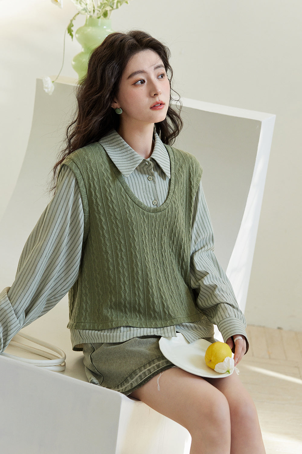 Kemeja Rajutan Dua Potong Palsu untuk Wanita