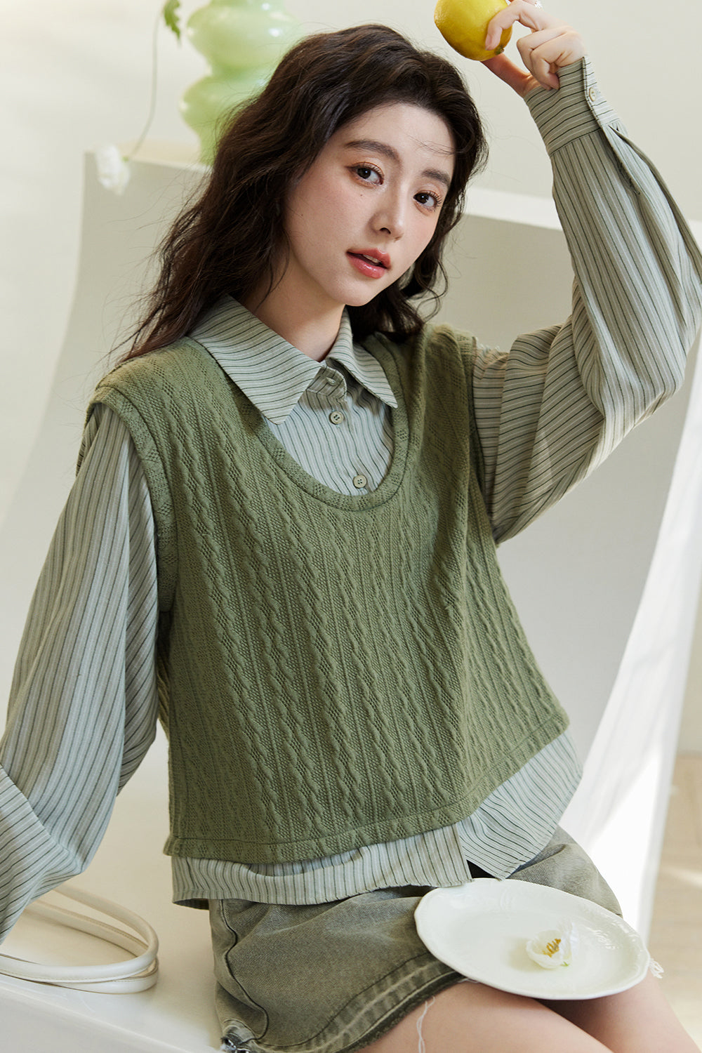 Kemeja Rajutan Dua Potong Palsu untuk Wanita