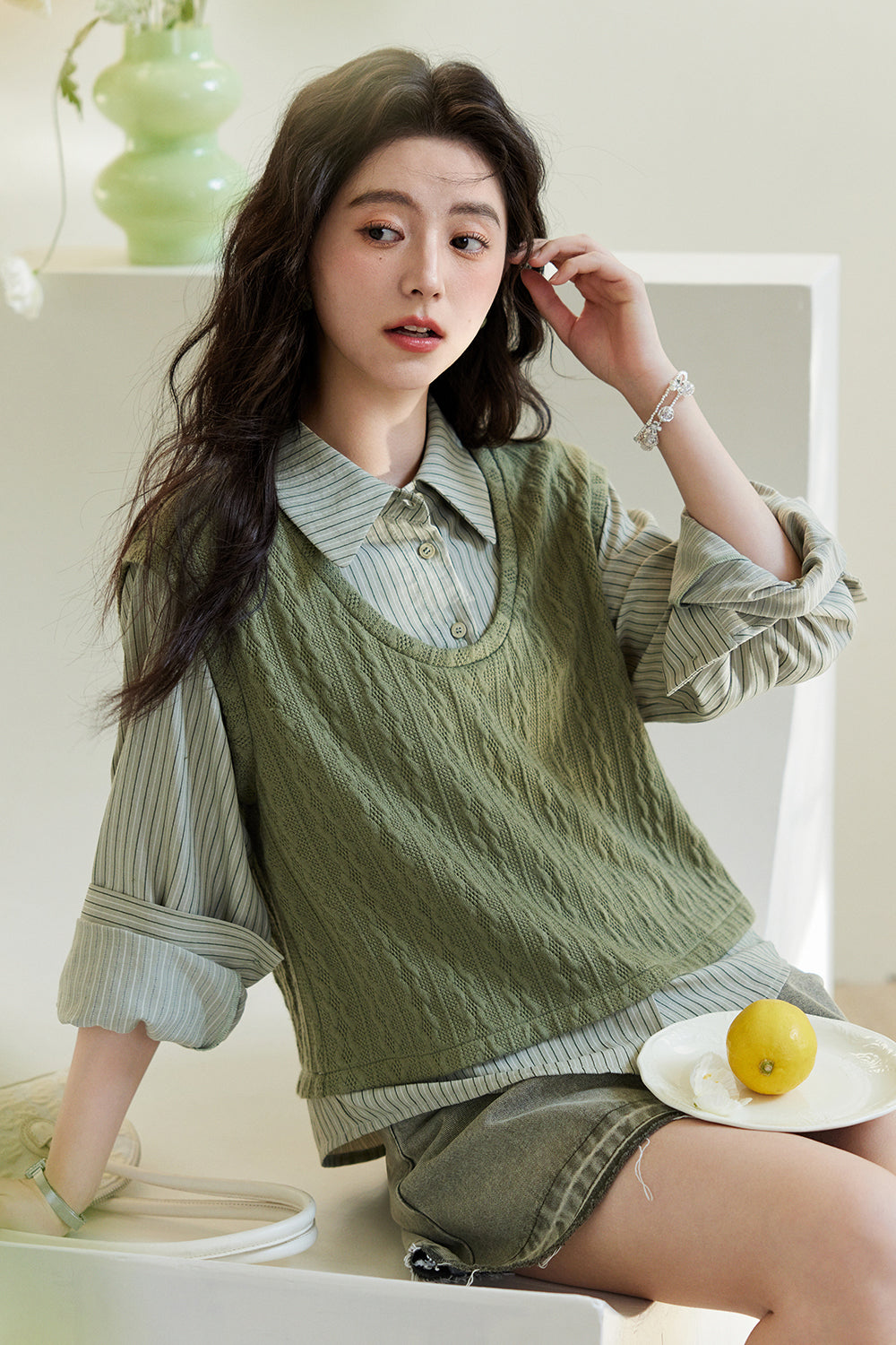 Kemeja Rajutan Dua Potong Palsu untuk Wanita