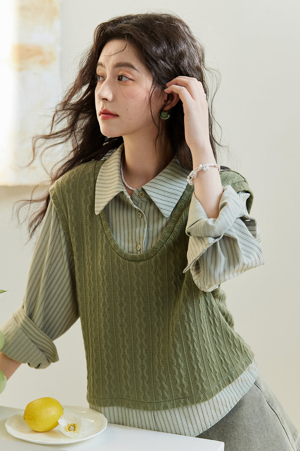 Kemeja Rajutan Dua Potong Palsu untuk Wanita