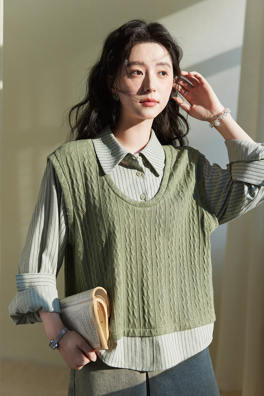 Kemeja Rajutan Dua Potong Palsu untuk Wanita