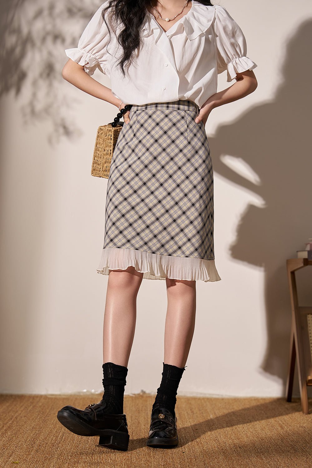 Coffee plaid Midi Skirt - Mishow