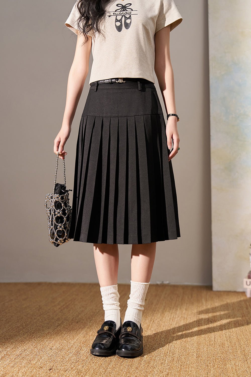 Pleated Midi Skirt for Women - Mishow