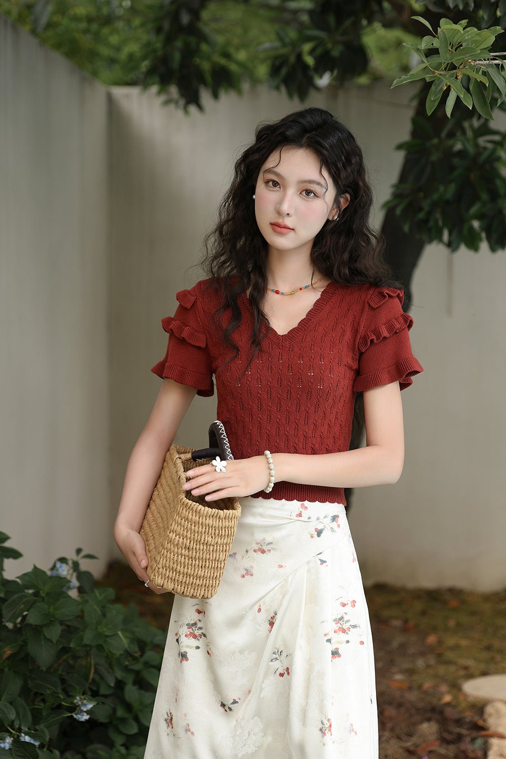 V-neck Knit T-shirt for Women